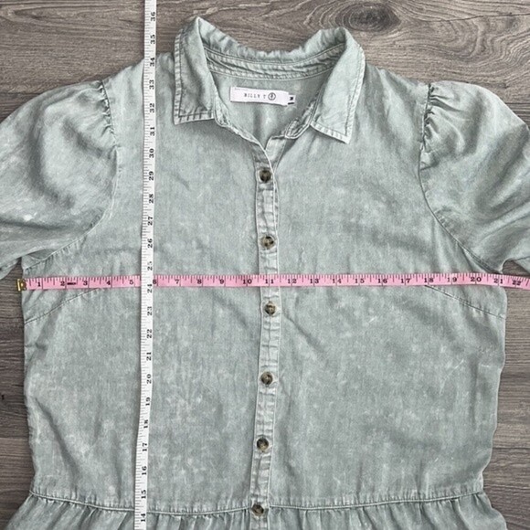 GUC Billy T Long Sleeve Button Down Flounce Dress Mineral Wash Sage Green Medium - Picture 9 of 11